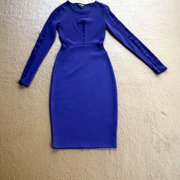Express Midi Royal Blue Bodycon Body shape W Mesh Cutouts Dress Sz 2 - Picture 13 of 14